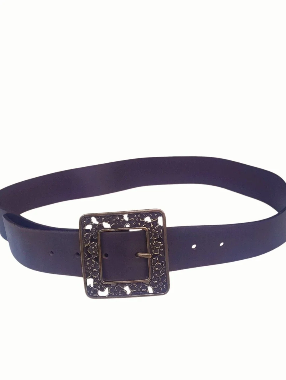Vtg MAURICES Brown Wide Leather Belt w/Antique Brass Square Filigree Buckle Sz L